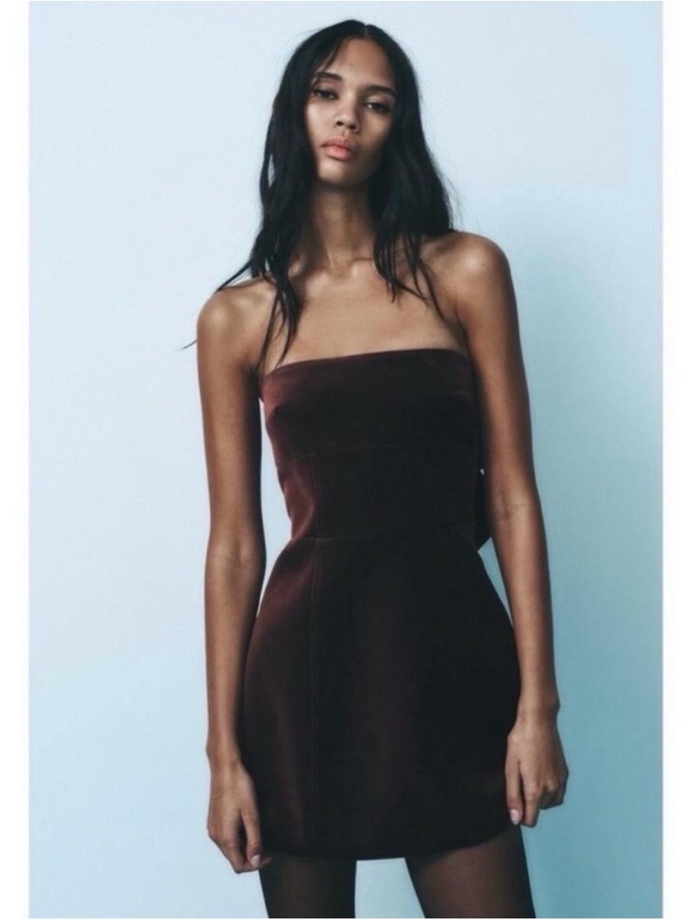 Zara Strapless Velvet Mini Dress in Dark Brown